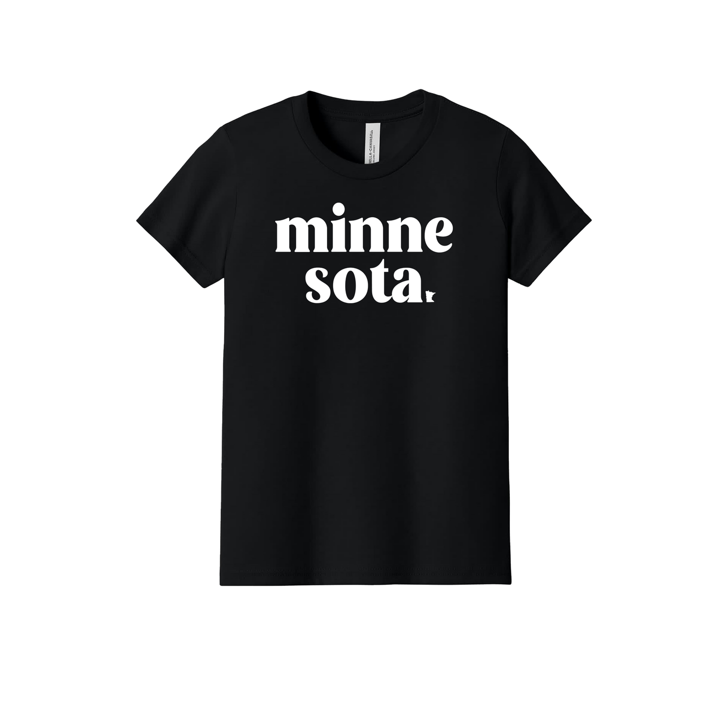 MN design on Black youth T-Shirt, front view.