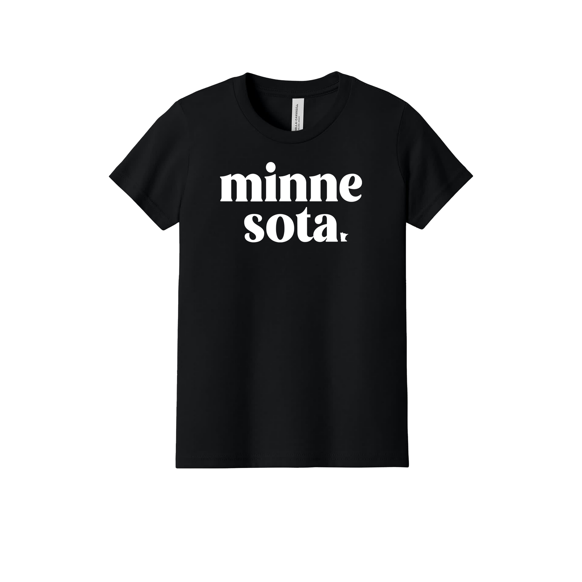 MN design on Black youth T-Shirt, front view.