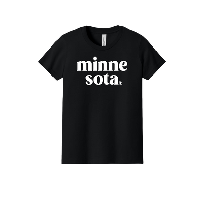 MN design on Black youth T-Shirt, front view.
