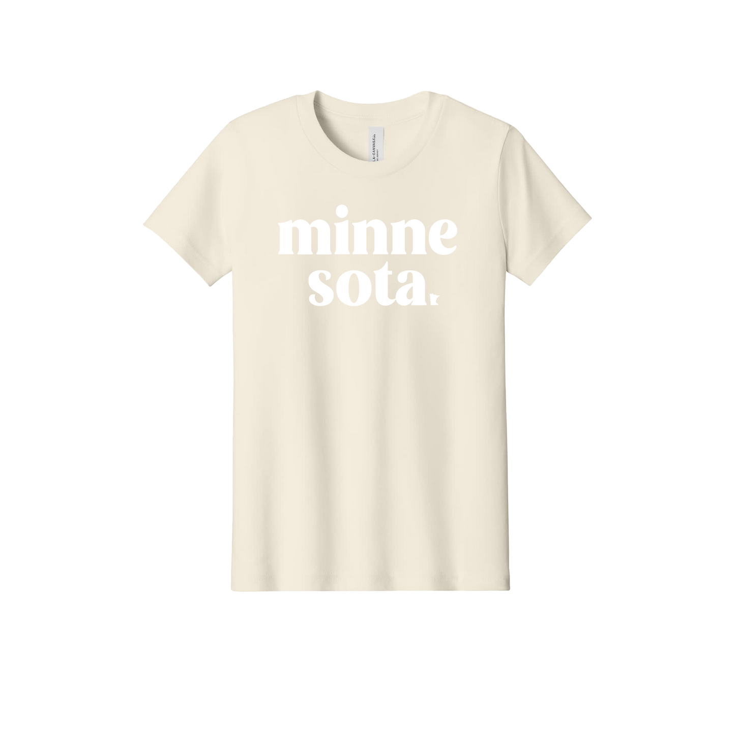 MN design on Natural youth T-Shirt, front view.