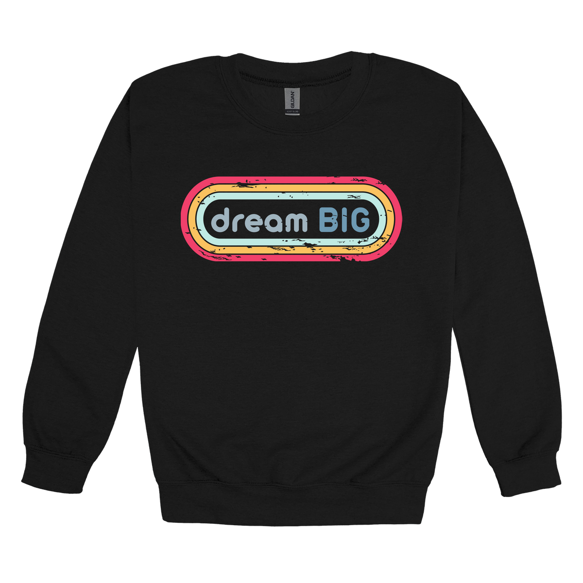 Dream Big design on Black adult Crewneck, front view.