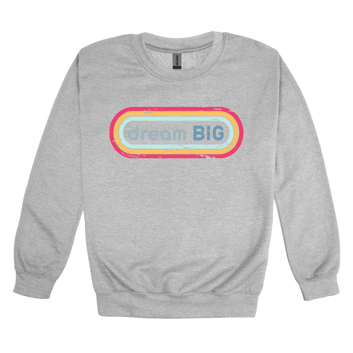Dream Big design on Sport Gray adult Crewneck, front view.