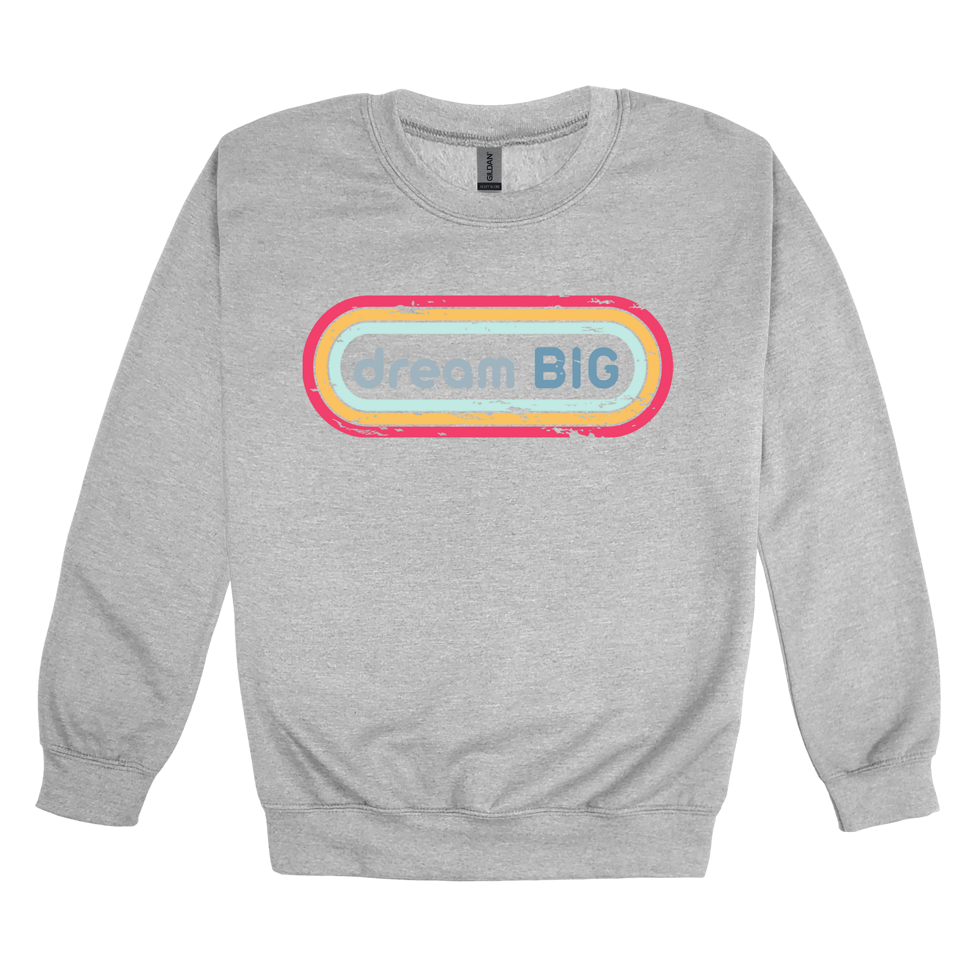 Dream Big design on Sport Gray adult Crewneck, front view.
