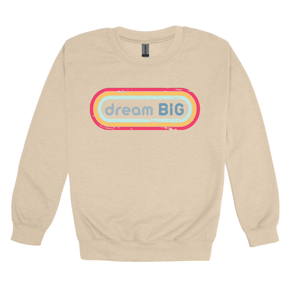 Dream Big design on Sand adult Crewneck, front view.