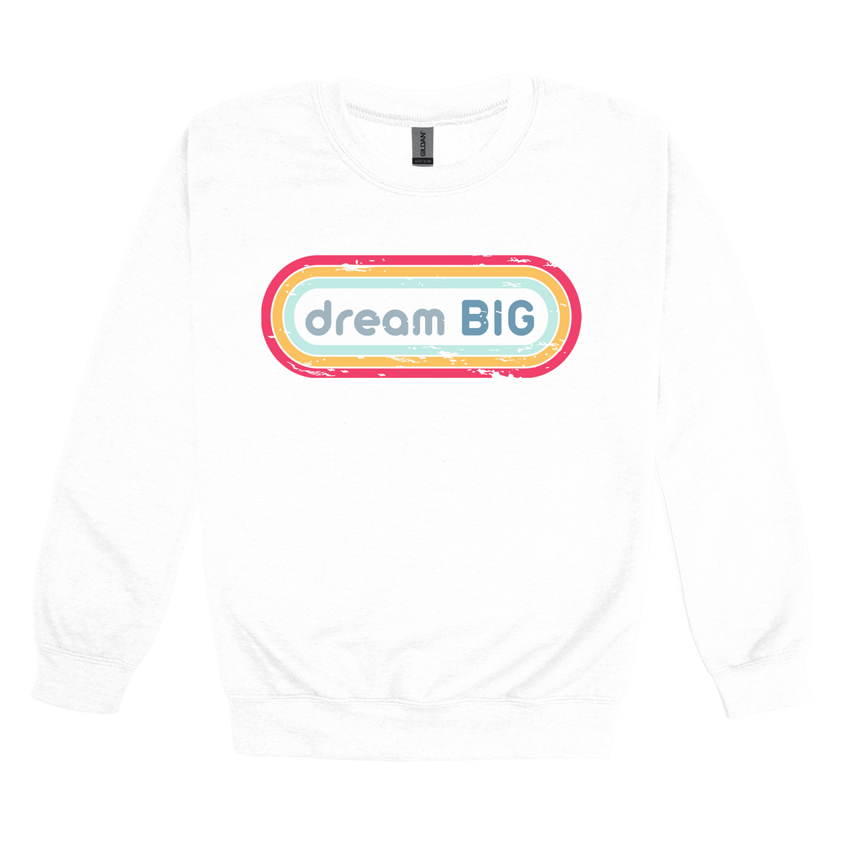 Dream Big design on White adult Crewneck, front view.