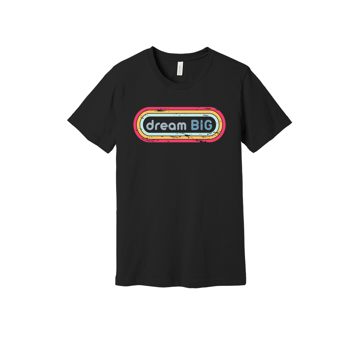 Dream Big design on Black adult T-Shirt, front view.
