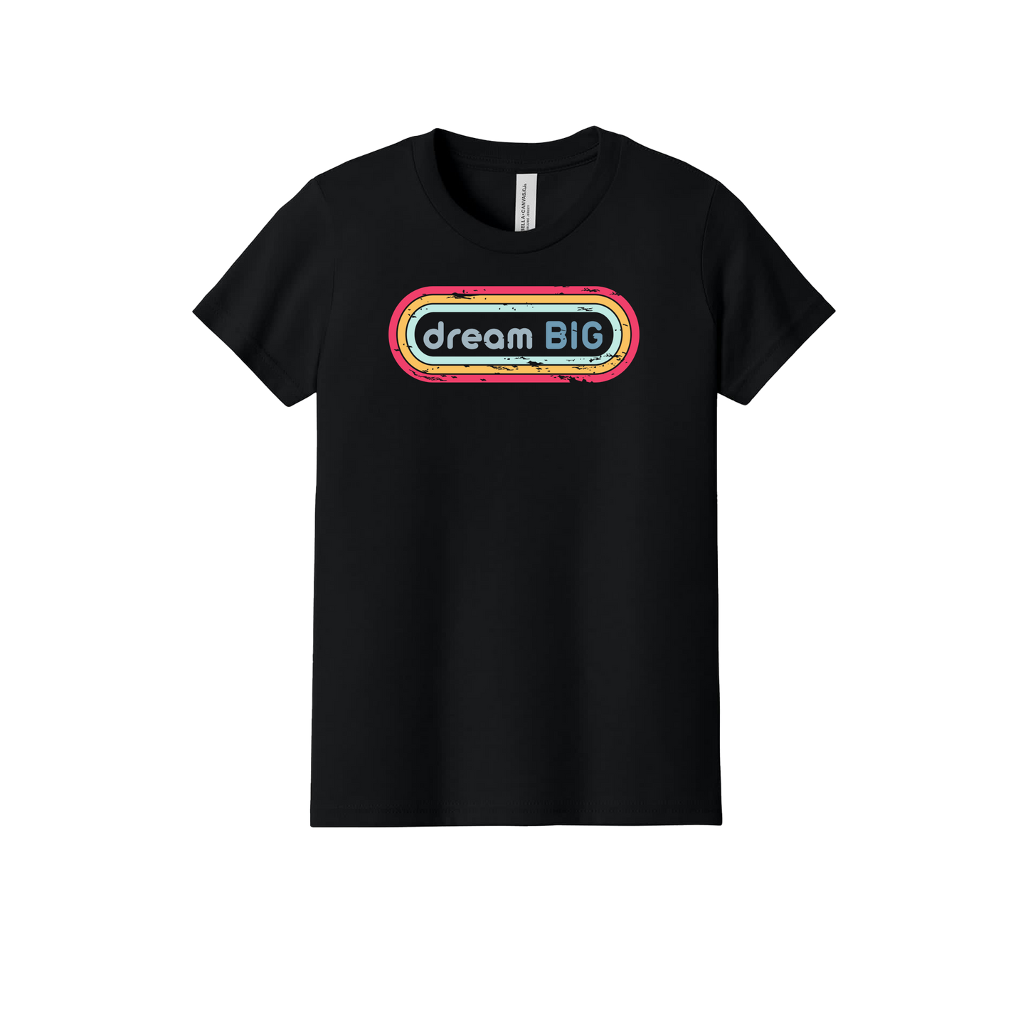 Dream Big design on Black youth T-Shirt, front view.