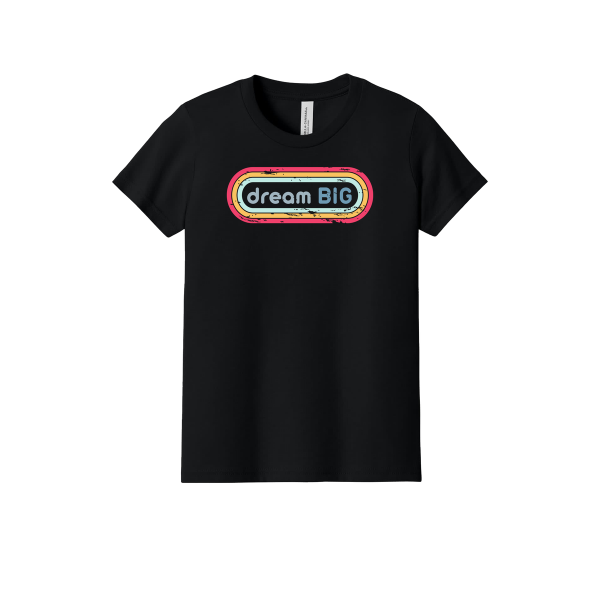 Dream Big design on Black youth T-Shirt, front view.