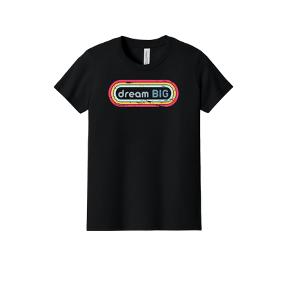 Dream Big design on Black youth T-Shirt, front view.