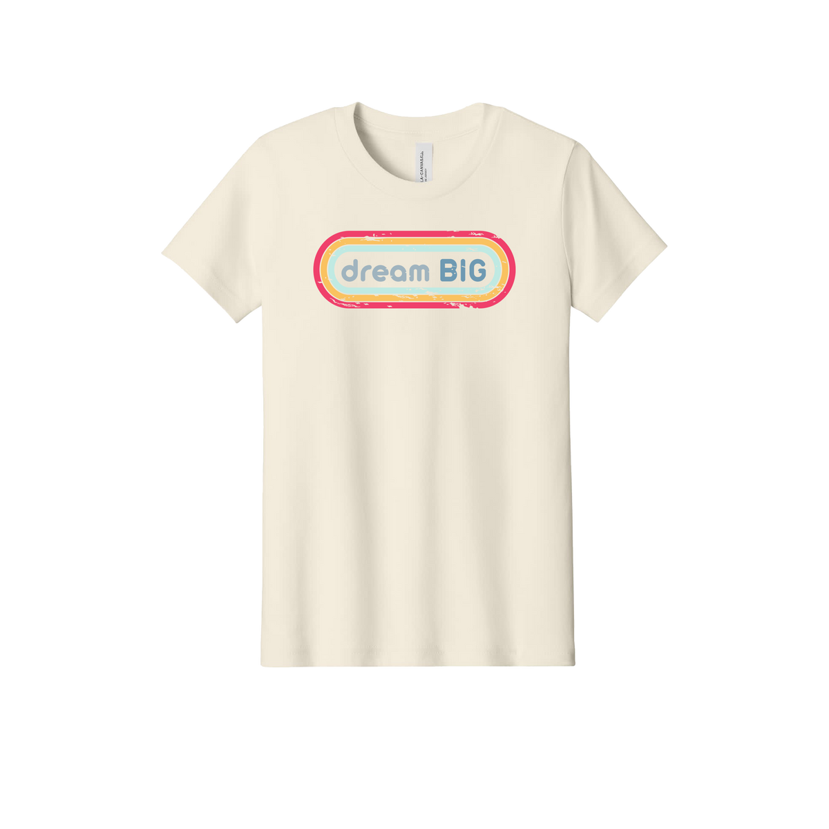 Dream Big design on Natural youth T-Shirt, front view.
