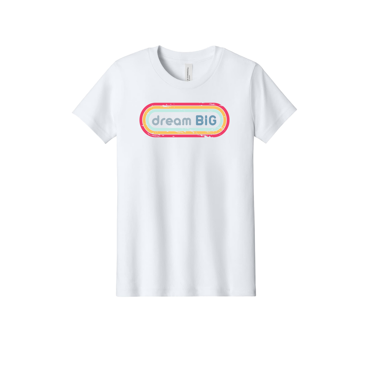 Dream Big design on White youth T-Shirt, front view.