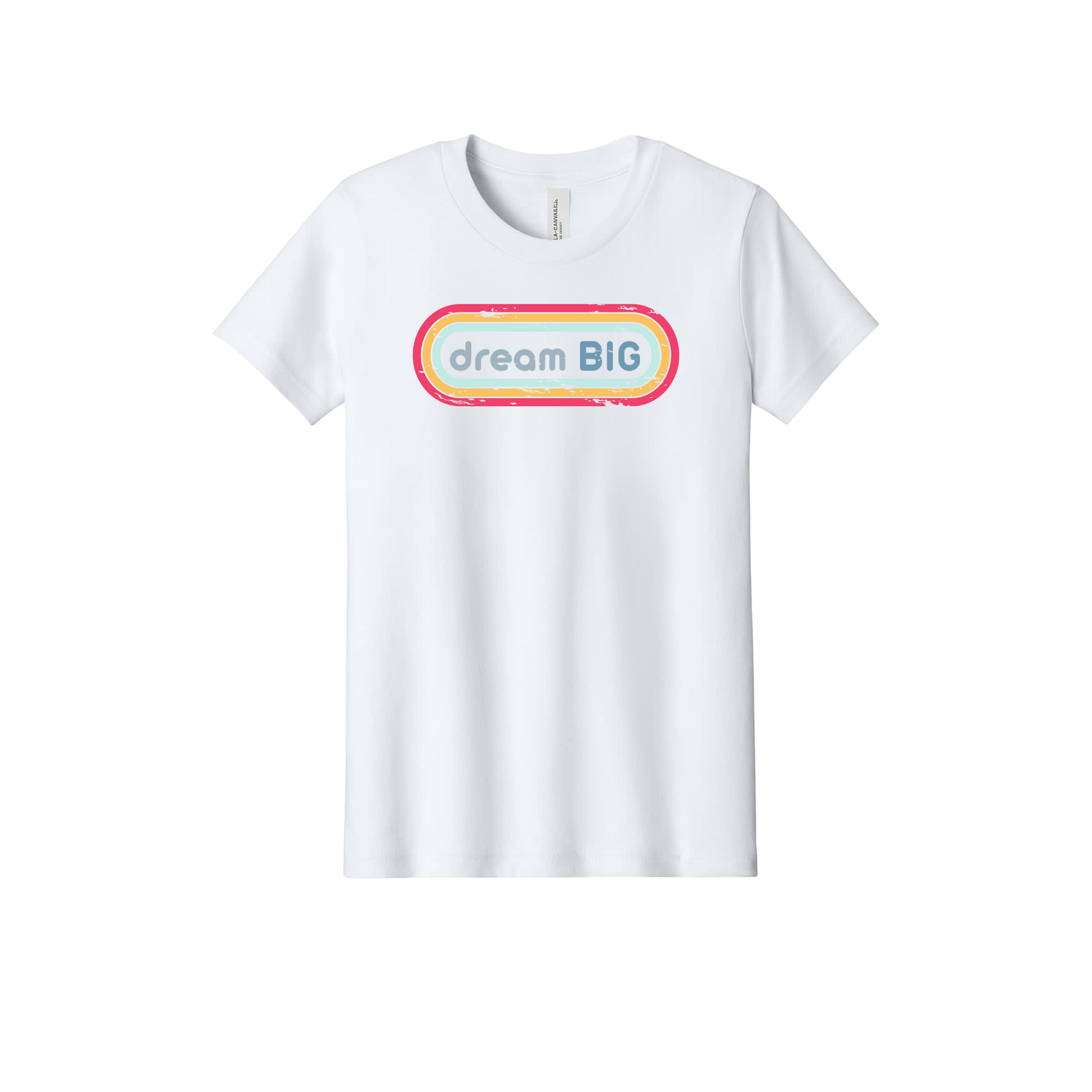 Dream Big design on White youth T-Shirt, front view.