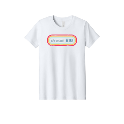 Dream Big design on White youth T-Shirt, front view.