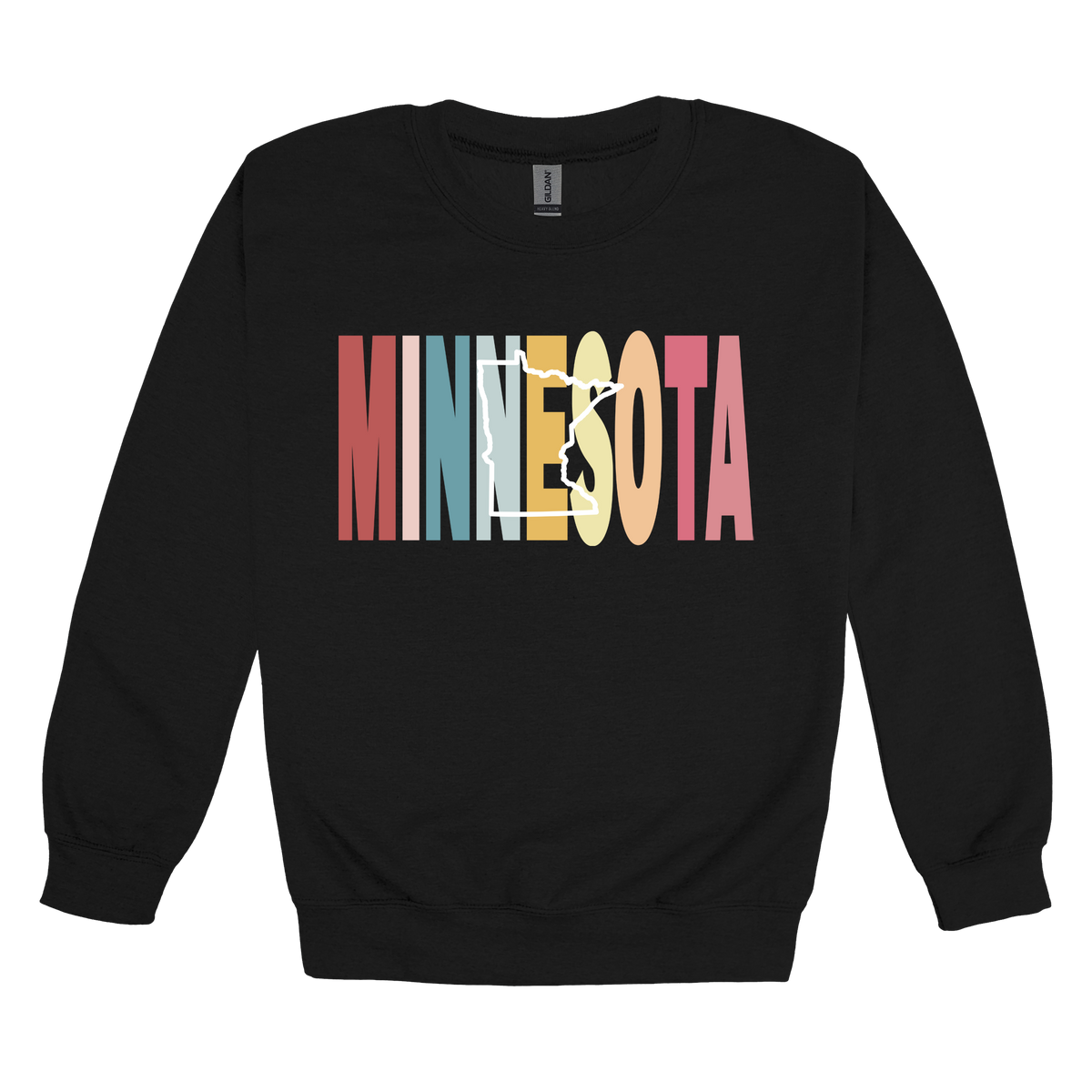 Minnesota Heart design on Black adult Crewneck, front view.