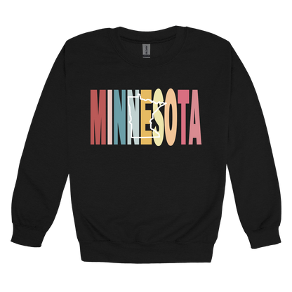 Minnesota Heart design on Black adult Crewneck, front view.