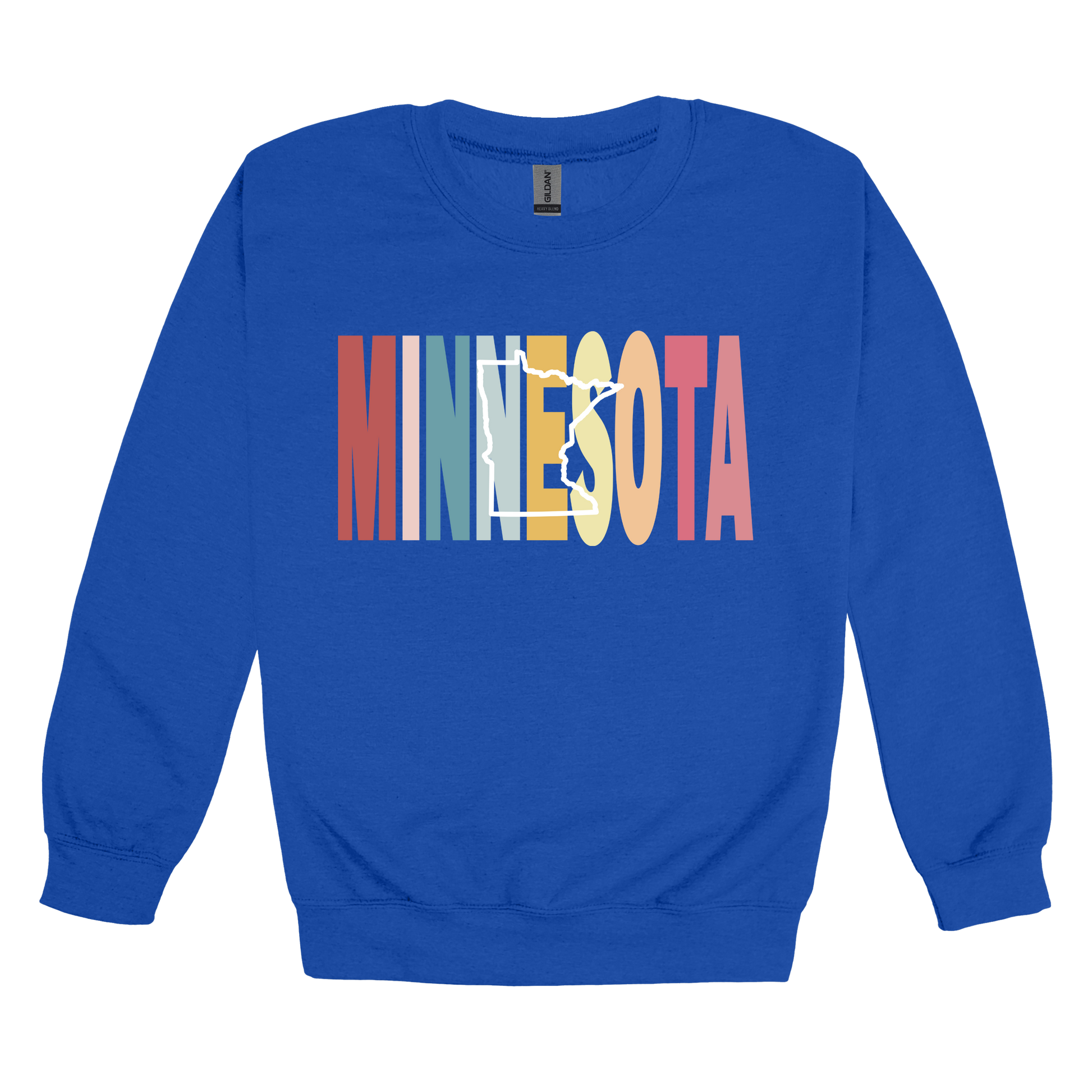 Minnesota Heart design on Royal Blue adult Crewneck, front view.