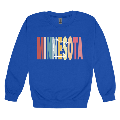 Minnesota Heart design on Royal Blue adult Crewneck, front view.