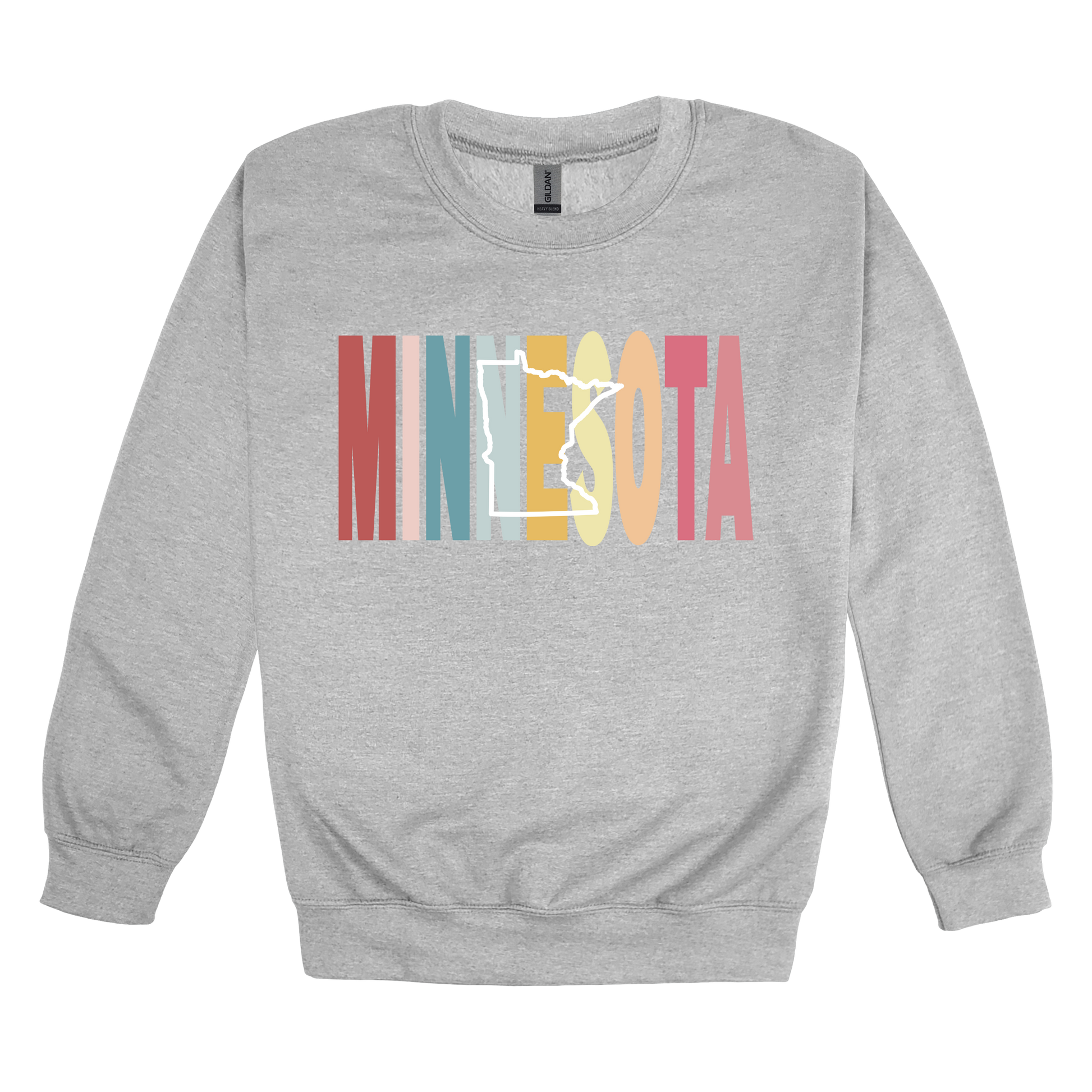 Minnesota Heart design on Sport Gray adult Crewneck, front view.