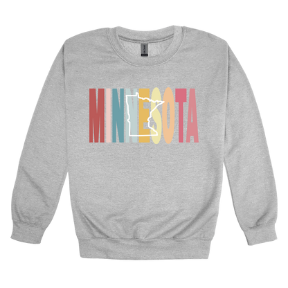 Minnesota Heart design on Sport Gray adult Crewneck, front view.