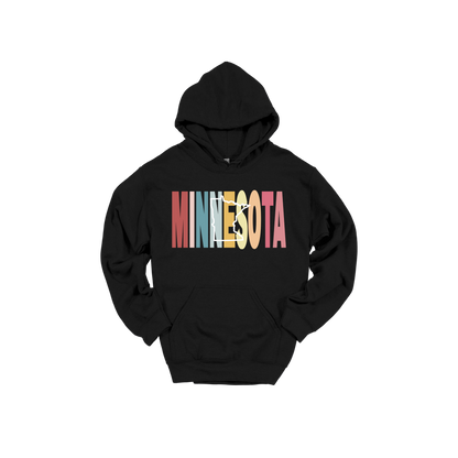 Minnesota Heart design on Black adult Hoodie, front view.