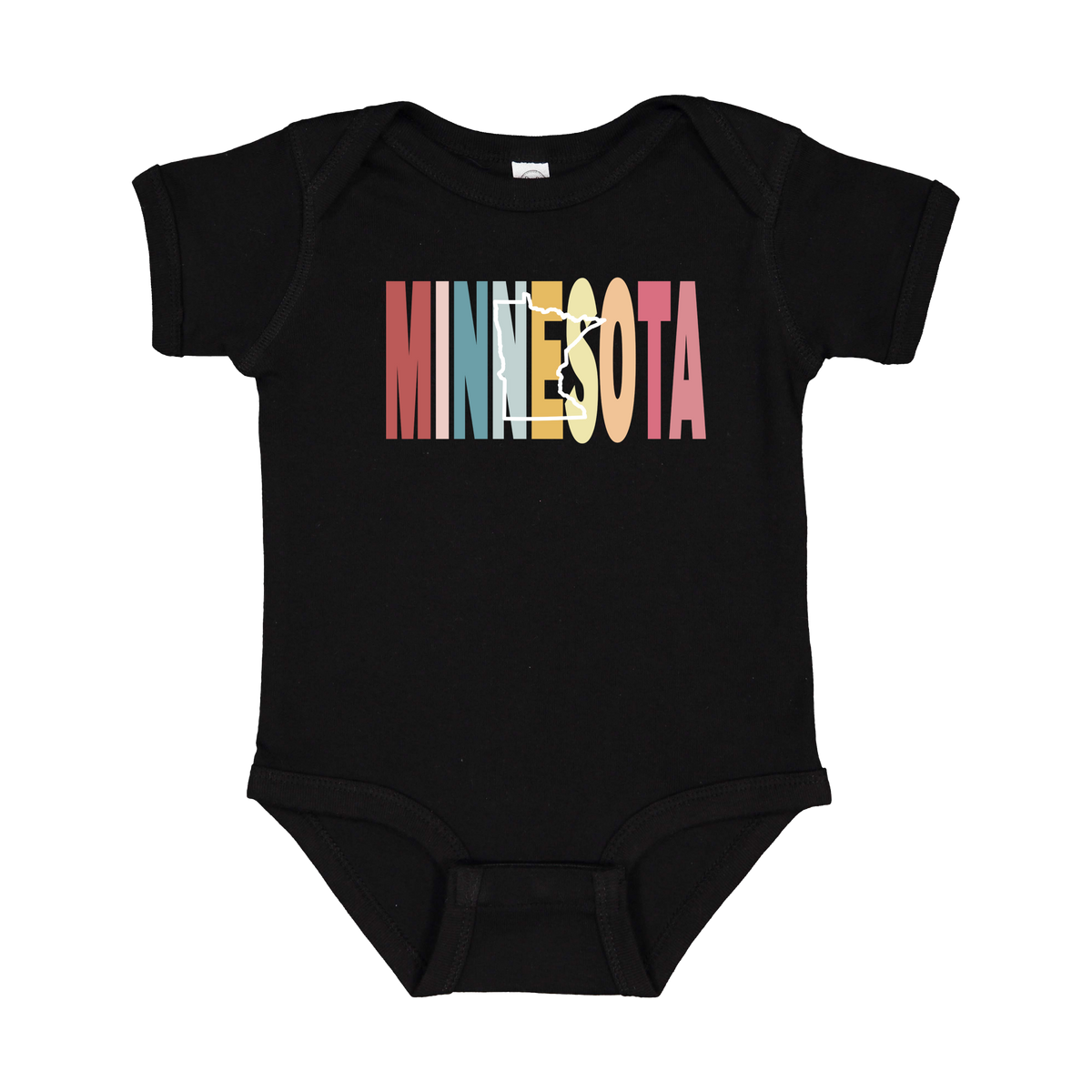 Minnesota Heart design on Black infant Onesie, front view.