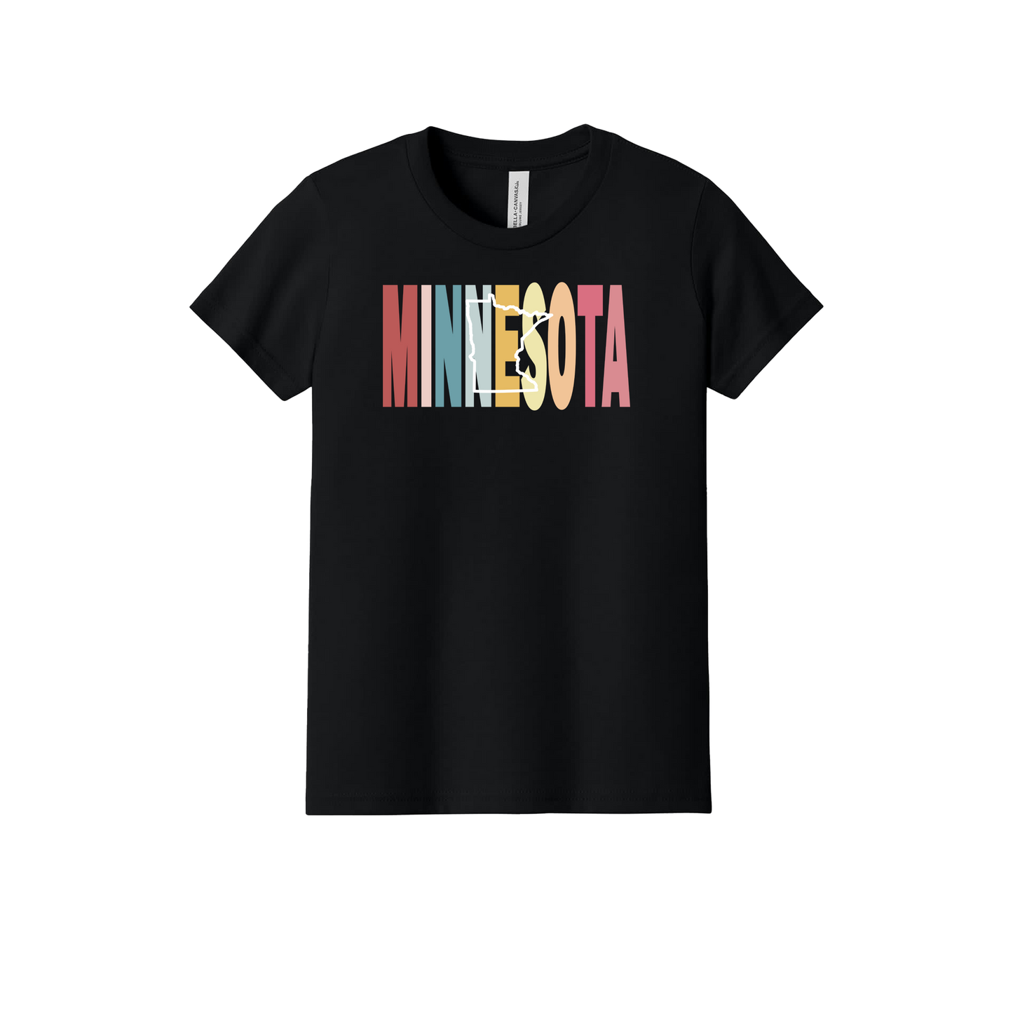 Minnesota Heart design on Black youth T-Shirt, front view.
