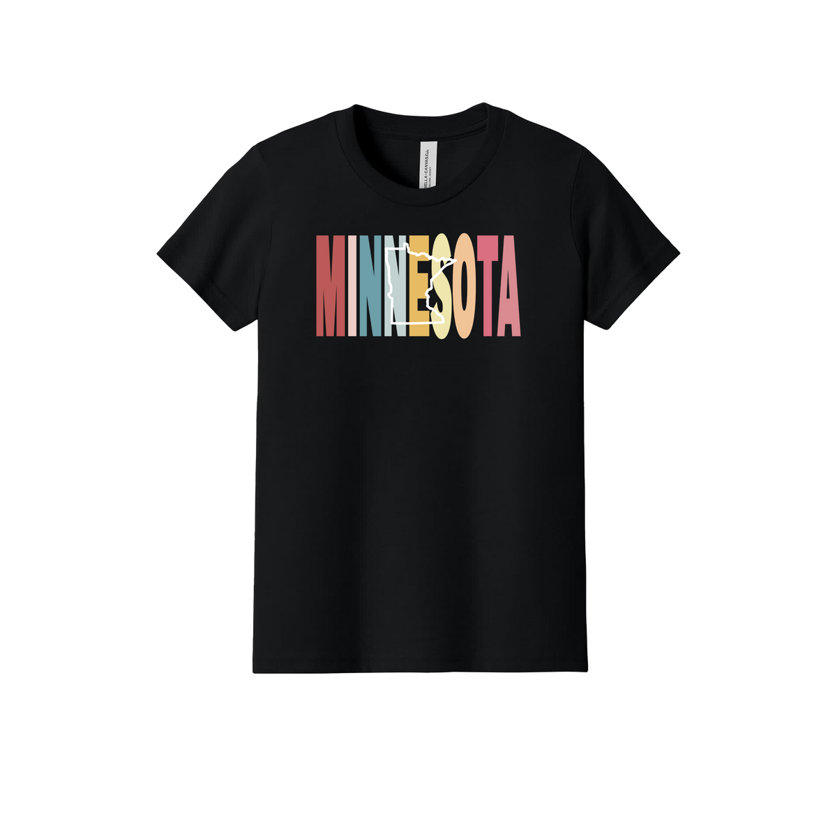 Minnesota Heart design on Black youth T-Shirt, front view.