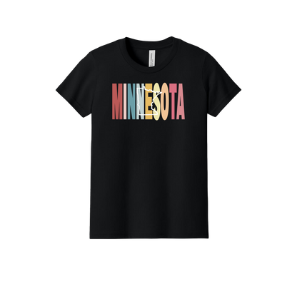 Minnesota Heart design on Black youth T-Shirt, front view.