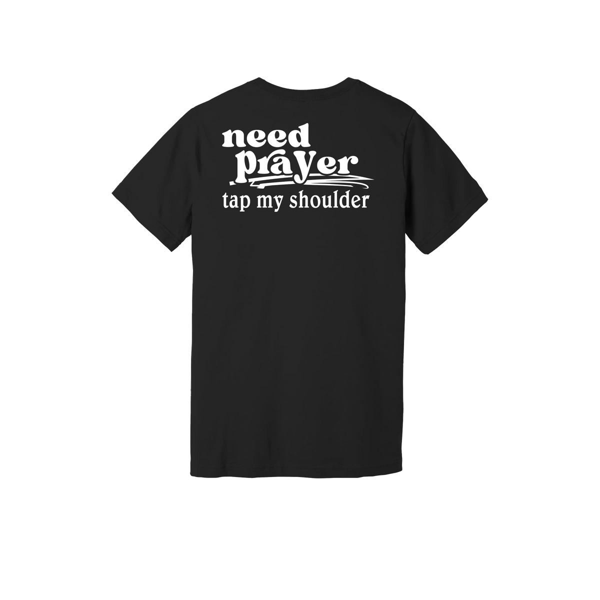 Let's Pray design on Black adult T-shirt, back view.