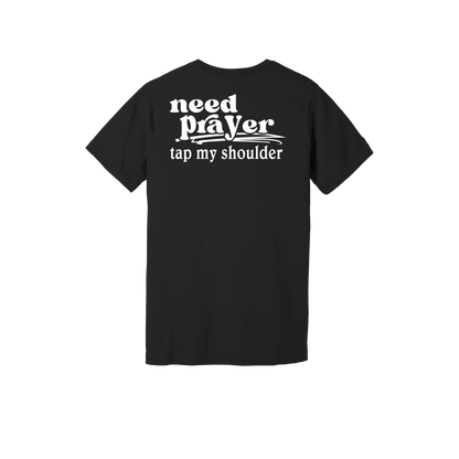 Let's Pray design on Black adult T-shirt, back view.