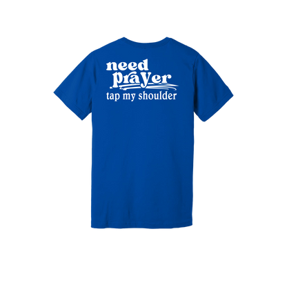 Let's Pray design on Royal Blue adult T-shirt, back view.