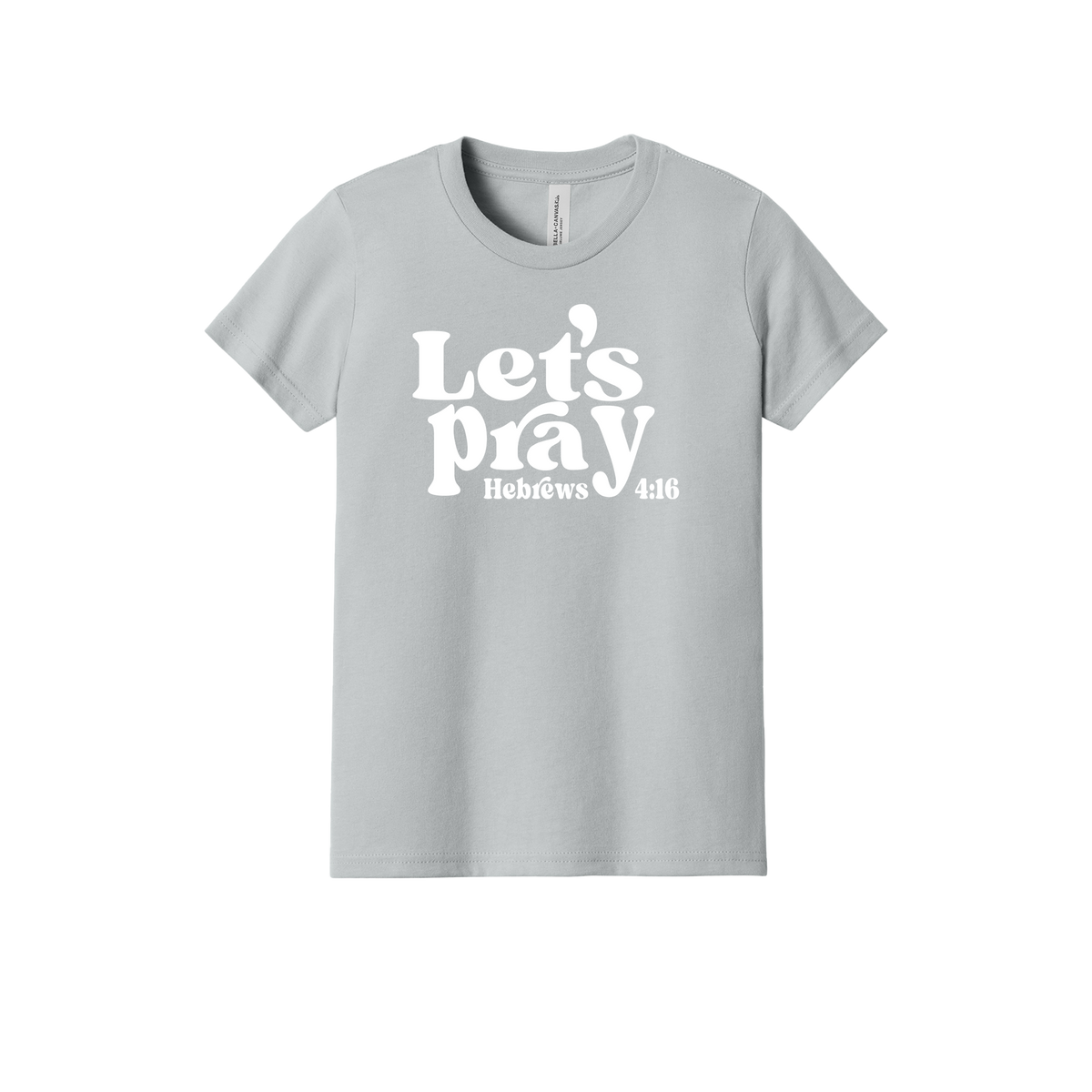 Let's Pray front design on Heather Athletic Gray youth T-Shirt, front view.
