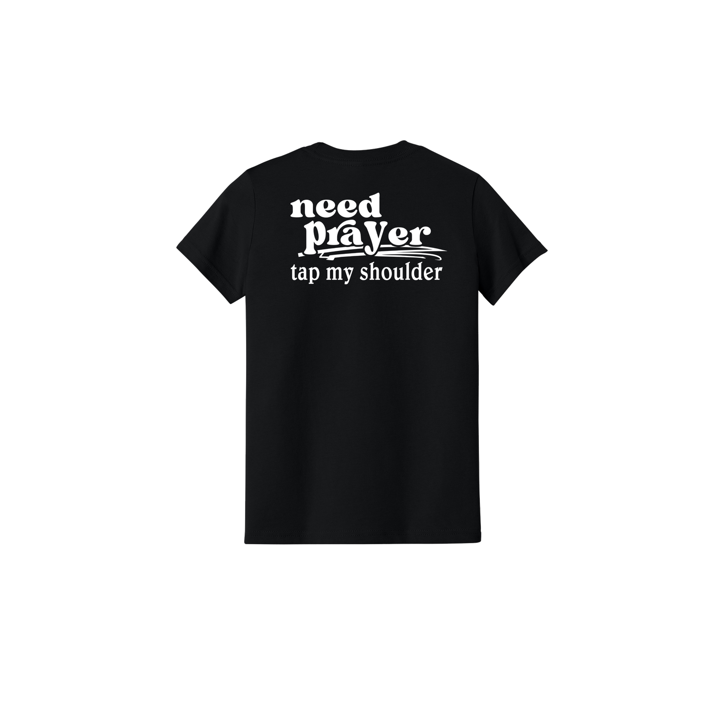 Let's Pray design on Black Youth T-Shirt, back view.