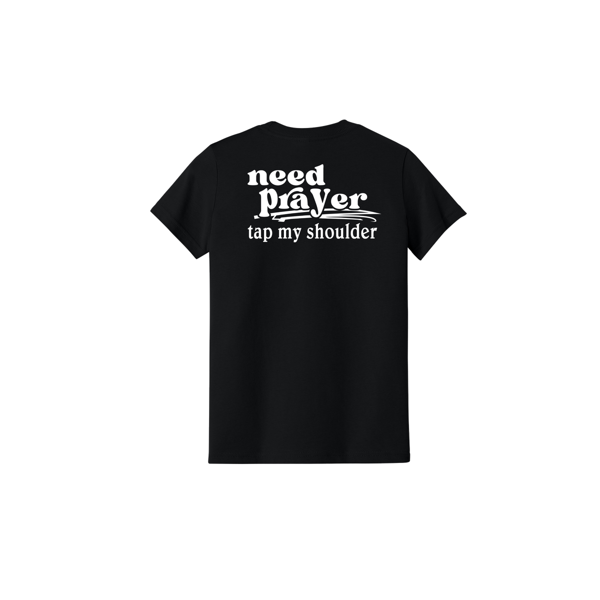 Let's Pray design on Black Youth T-Shirt, back view.