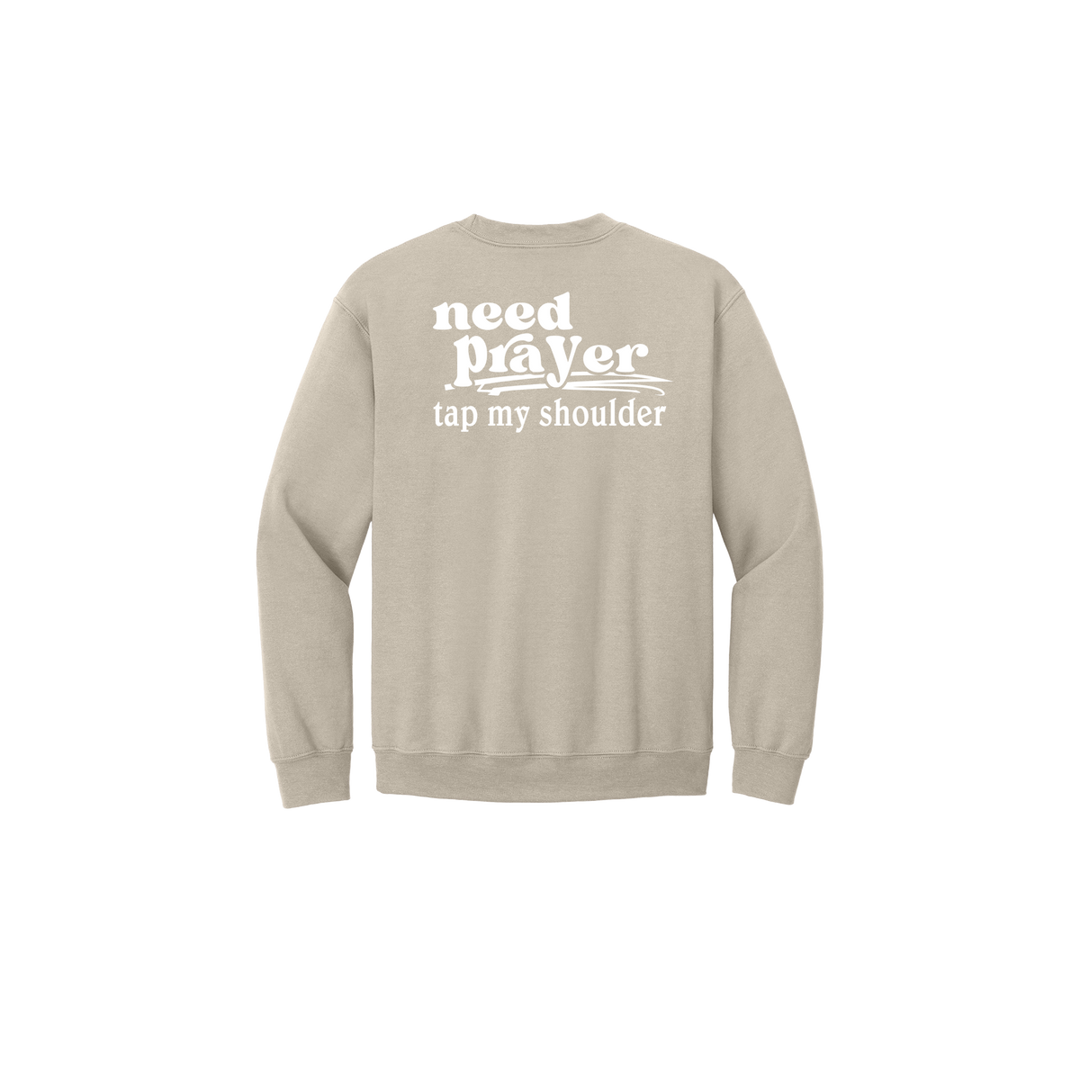 Let's Pray design on Sand Adult Crewneck, back view.