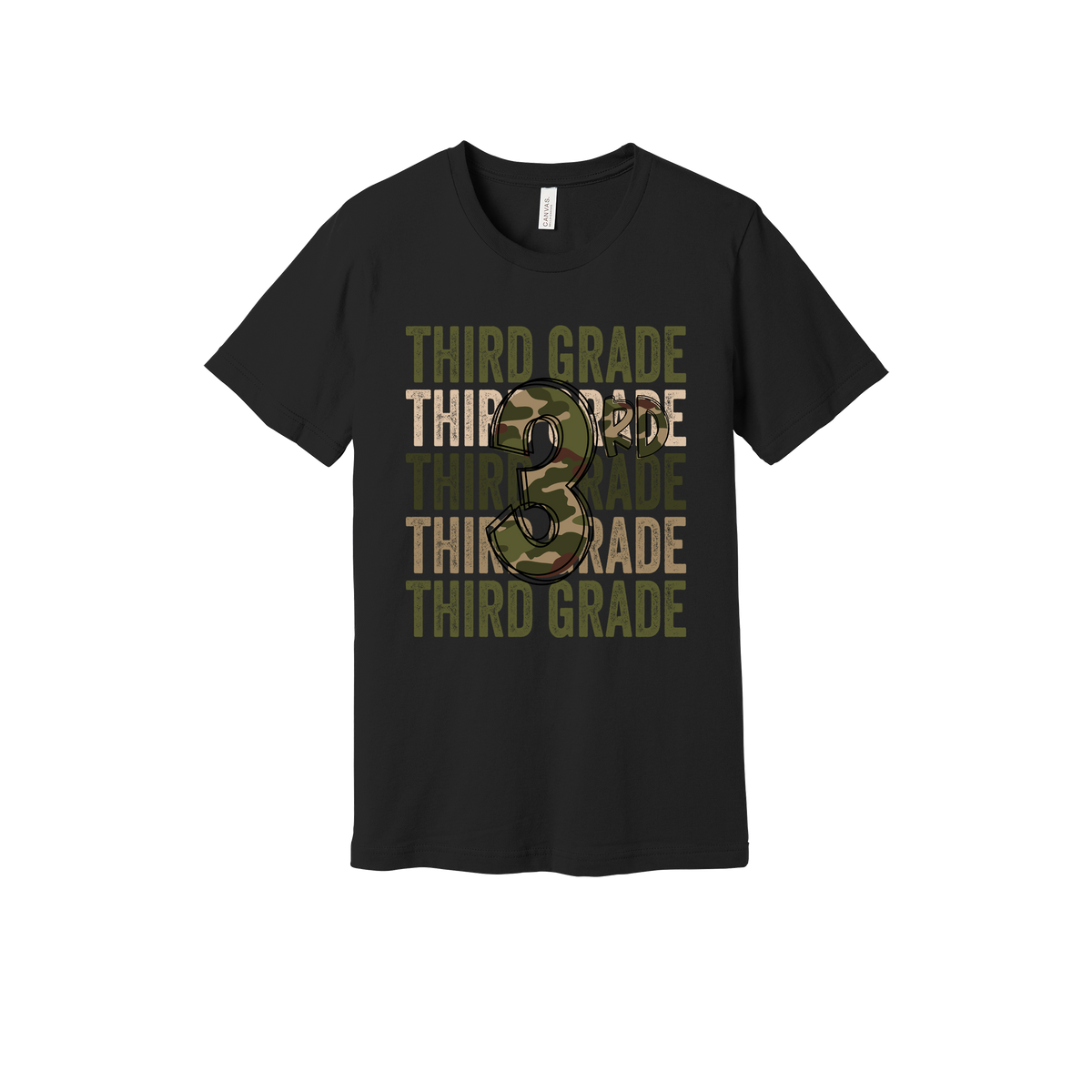 Third Grade Camo Apparel design on generic tee presentation in black, front view.