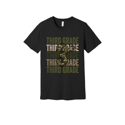 Third Grade Camo Apparel design on generic tee presentation in black, front view.