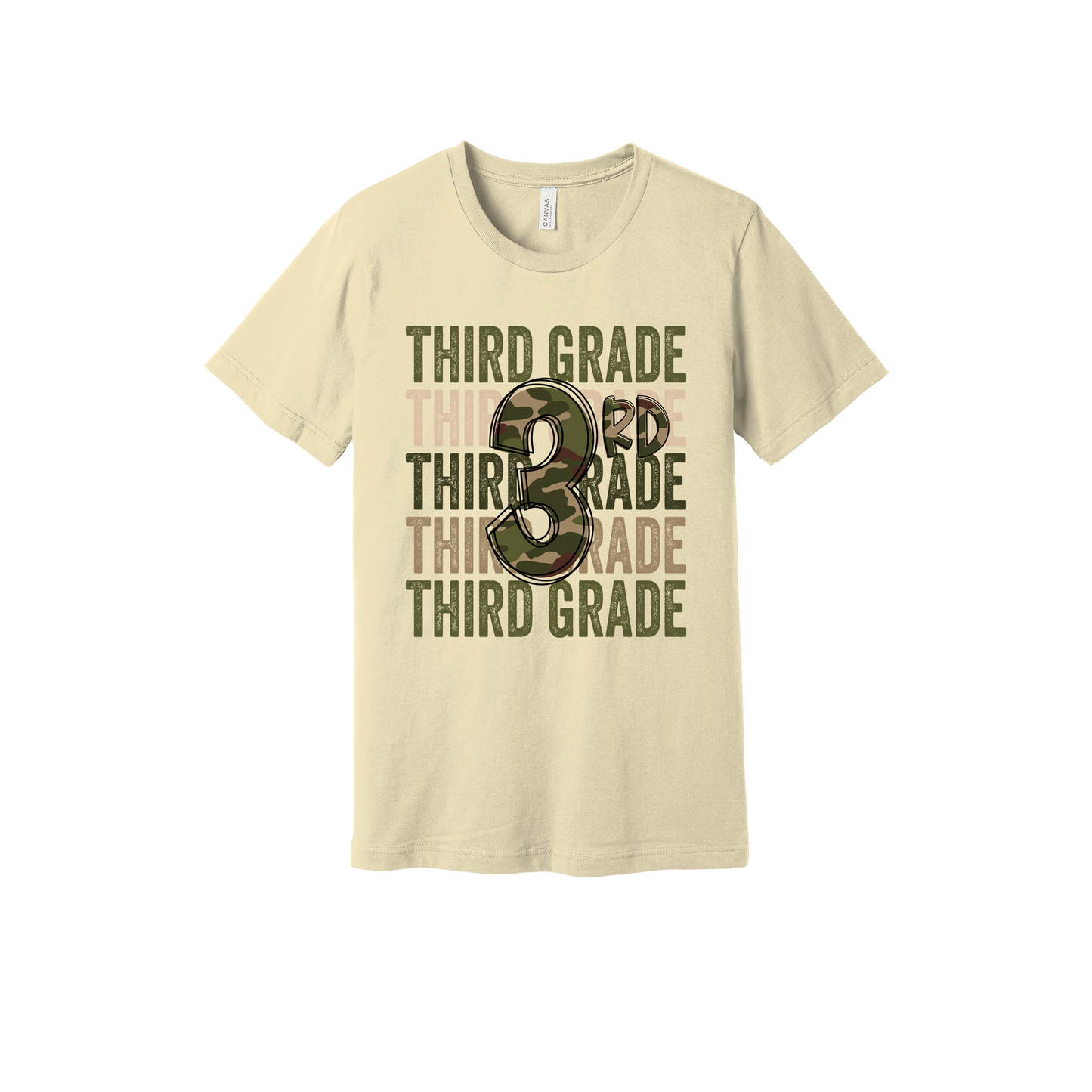 Third Grade Camo Apparel design on generic tee presentation in tan, front view.