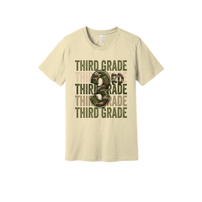 Third Grade Camo Apparel design on generic tee presentation in tan, front view.