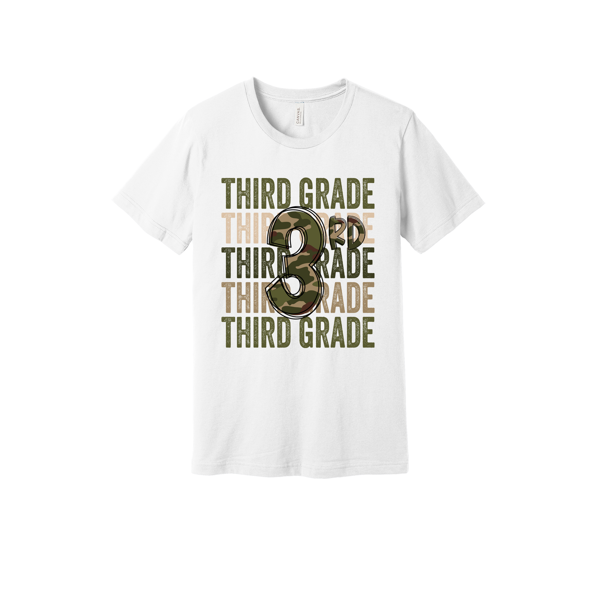 Third Grade Camo Apparel design on generic tee presentation in white, front view.