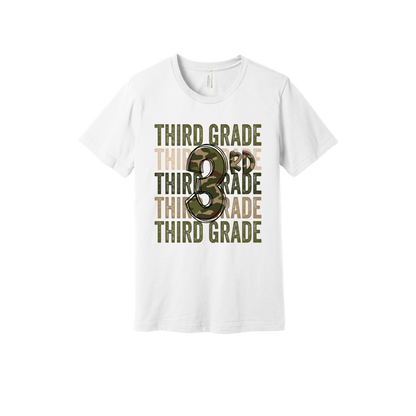 Third Grade Camo Apparel design on generic tee presentation in white, front view.