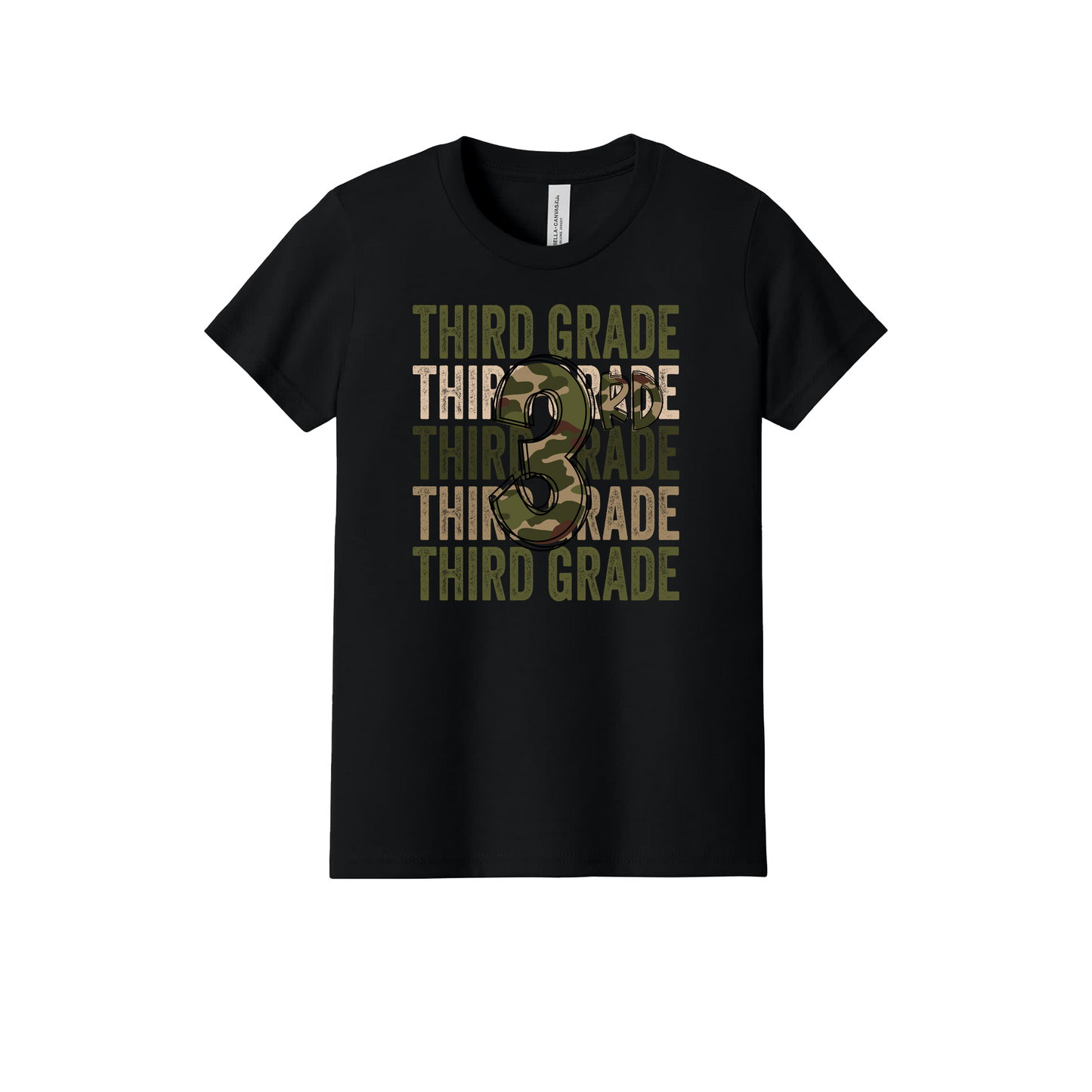 3rd Grade Army Apparel design on official Youth Bella+Canvas T-shirt in Black, front view.