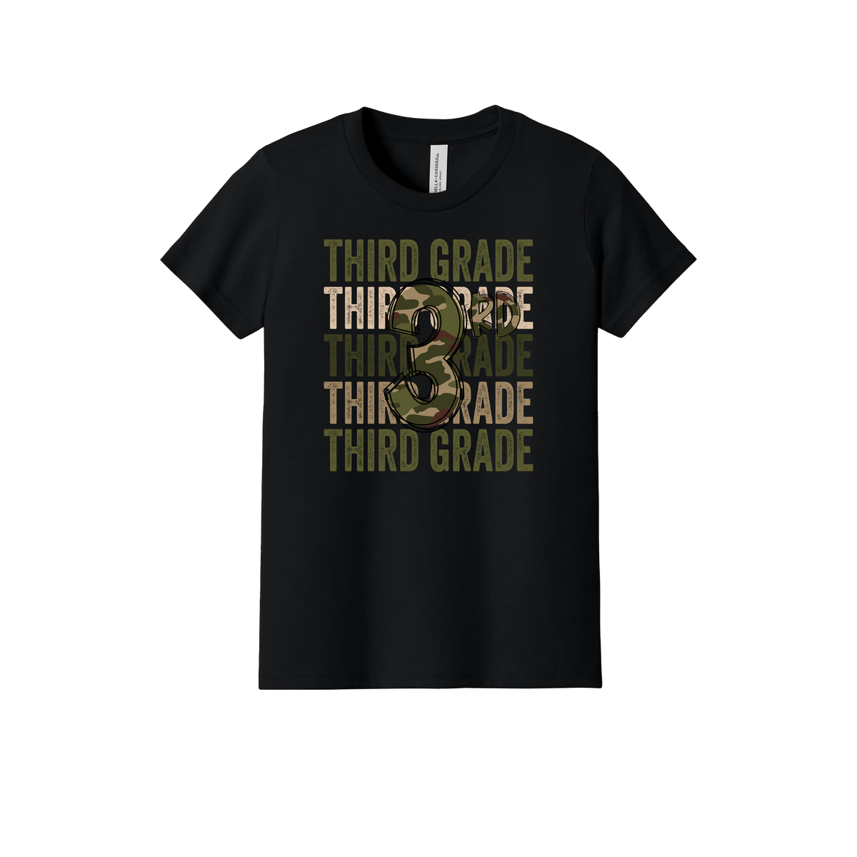 3rd Grade Army Apparel design on official Youth Bella+Canvas T-shirt in Black, front view.
