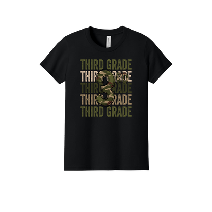 3rd Grade Army Apparel design on official Youth Bella+Canvas T-shirt in Black, front view.