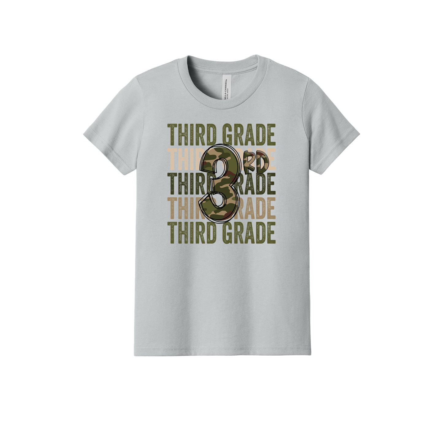 Third Grade Camo Apparel design on youth tee in gray, front view.