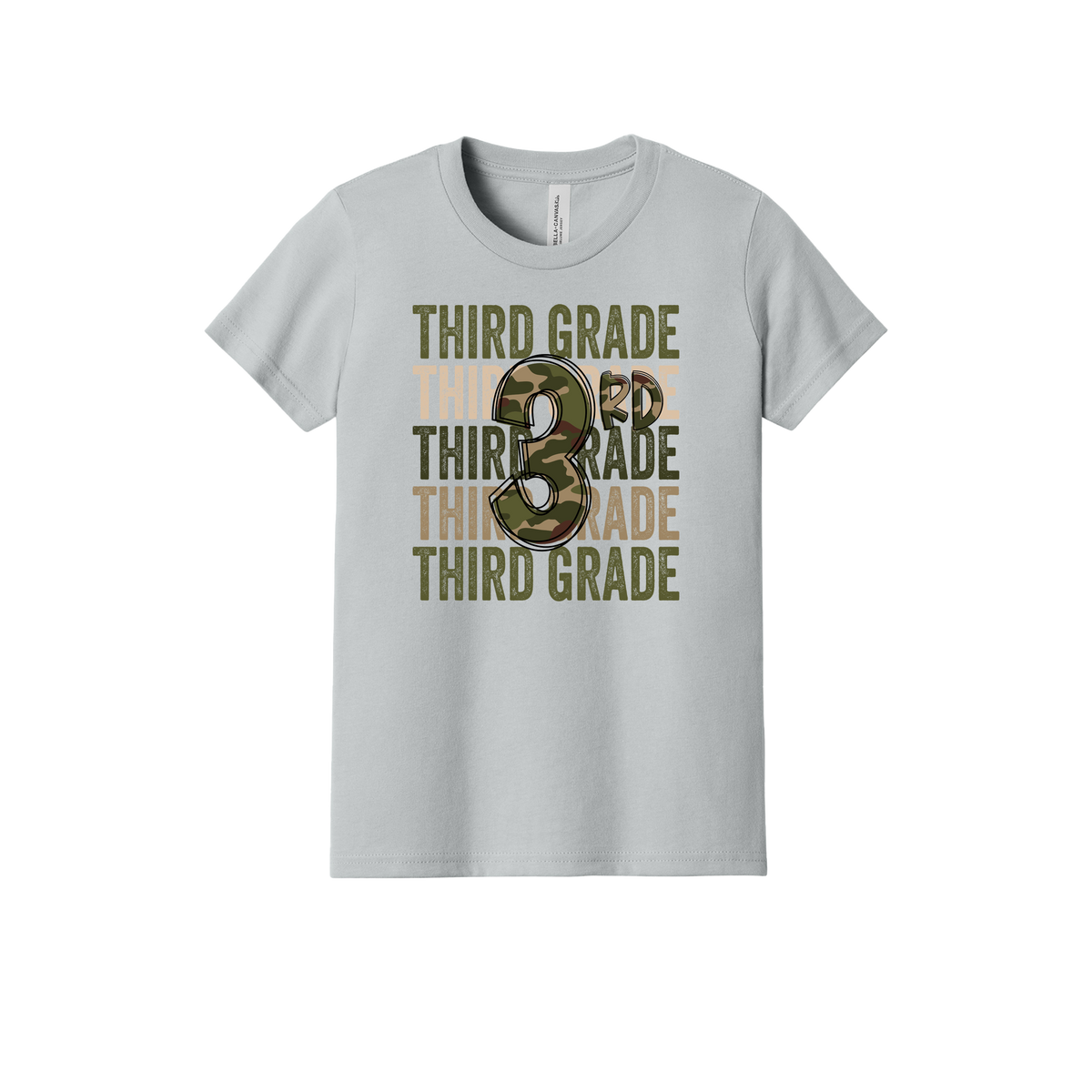 Third Grade Camo Apparel design on youth tee in gray, front view.