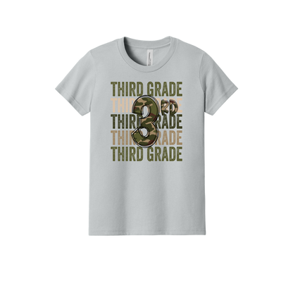 Third Grade Camo Apparel design on youth tee in gray, front view.