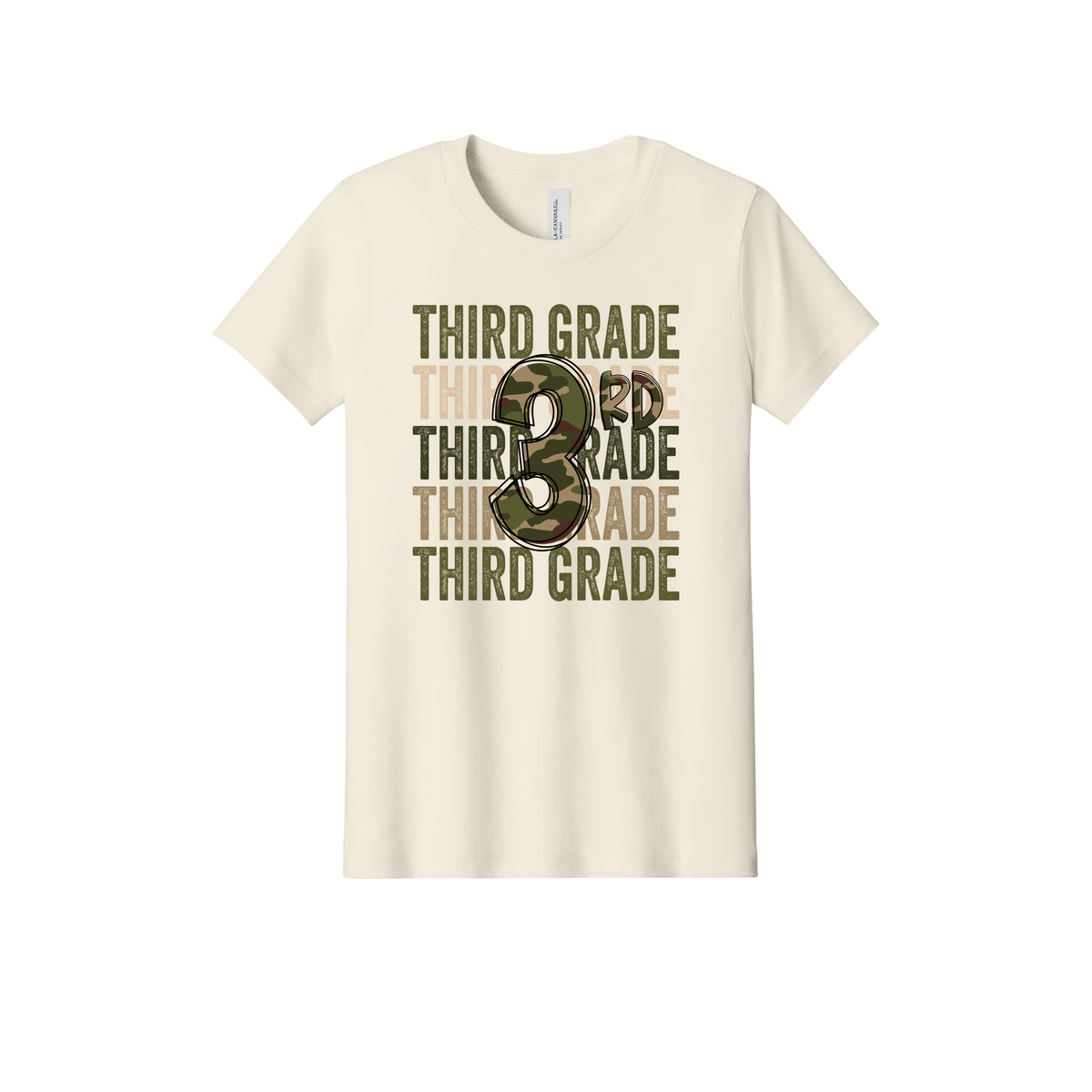 3rd Grade Army Apparel design on official Youth Bella+Canvas T-shirt in Natural, front view.