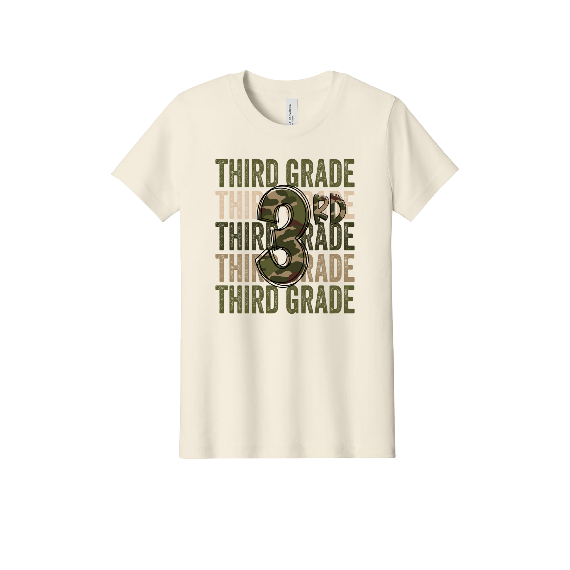 3rd Grade Army Apparel design on official Youth Bella+Canvas T-shirt in Natural, front view.