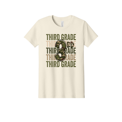 3rd Grade Army Apparel design on official Youth Bella+Canvas T-shirt in Natural, front view.